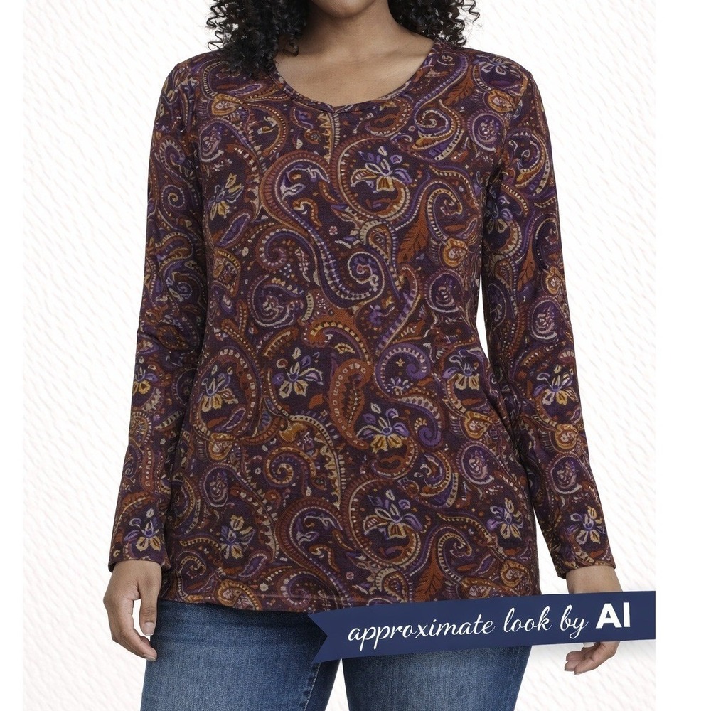 Anne Klein Sport Womens XL Paisley Print 3/4 Sleeve Knit Top Burgundy Gold Multi